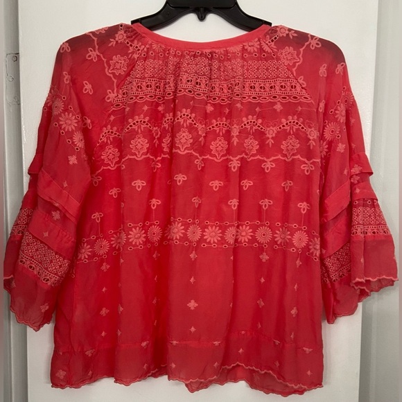 Johnny Was Tay Tie Front Embroidered Eyelet Top Pink Size Small - Picture 2 of 8